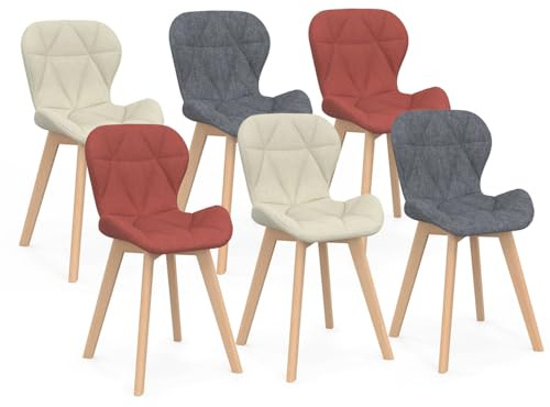 IDMarket - Lot de 6 chaises ROBINE en Tissu Mix Color Gris foncéx2, Terracotta x2, Beige x2