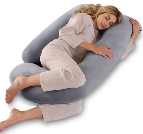 Otauoaea Coussin de Grossesse - Oreiller de Grossesse pour Femme Enceinte en Forme de J pour Dormir - Coussin d'allaitement et Coussin de Maternité avec Housse Lavable (Velours, Gris)