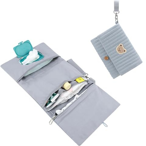 Pochette À Couches Et Lingettes | Pochette pliable brodée ours mignon - Avec Compartiment Pour Sangle De Poussette Et Organisateurs De Sac À Langer - pour papa parent garçon fille maman voyage en