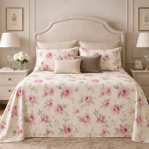 Clara Home Milano – Copriletto Matrimoniale in Piquet Pregiato, Fantasia Floreale e Geometrica, Misure Maxi, Coperta Letto Estiva Leggera e Traspirante (Soave Rosa)