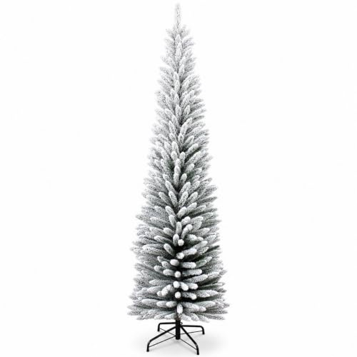 5Ft/1.5m Snow Flock Artificial Slim Pencil Christmas Tree, 290 Tips, Xmas | For Christmas, Home, Office and Party Decor, PVC and Metal Construction, Easy Assembly, Slim Space-Saving Design, Sturdy Base