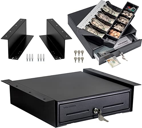Volcora Cash Register Drawer with Under Counter Mounting Metal Bracket, 13 Black Cash Drawer for POS, 4 Bill 5 Coin Cash Tray, Fully Removable 2Tier Compartment 12-24V RJ11/RJ12 Key-Lock