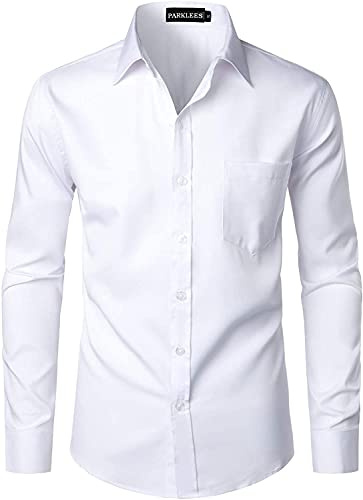 PARKLEES Men's Urban Stylish Casual Business Slim Fit Long Sleeve Button Up Dress Shirt with Pocket White S