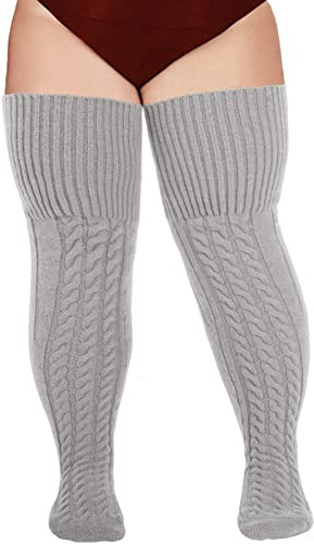 Moon Wood Calcetines Altos Mujer el Muslo Lana Térmica Medias de Muslo sobre Rodilla Altos Muslo Con Liguero Tamaño grande Gris