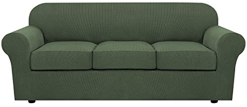 H.VERSAILTEX 4 Piece Stretch Sofa Covers for 3 Cushion Couch Covers for Living Room Furniture Slipcovers (Base Cover Plus 3 Seat Cushion Covers) Upgraded Thicker Jacquard Fabric (Sofa, Bronze Green)