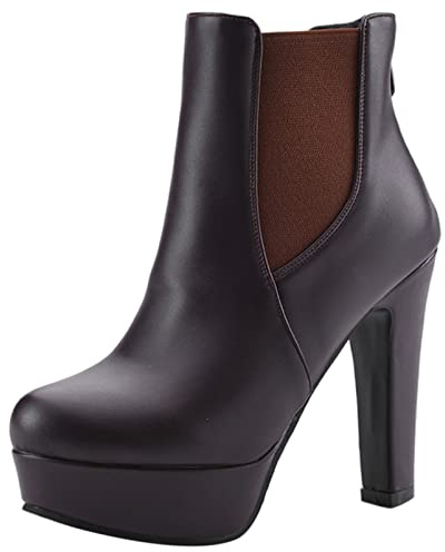 Diuniarza Botines Mujer Tacon Alto, Botas Chelsea Tacón Ancho Zip Punta Rojoonda Botín Elegante con Plataforma, 9288Hdn Marrón Talla 37 EU
