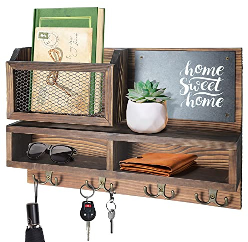Key Holder for Wall, Mail Organizer Wall Mount with Key Hooks and Wallet Holder, Sunglasses Storage and Dog Leash Hanger, Decorative with 4 Double Hooks and Chalkboard