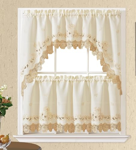 GOHD Lace Rosarium Kitchen Curtains, 3PCS Kitchen Curtains and Valances Set, Elegant White Fabric with Rose Embroidery and Lace. (Beige, Swag and 22 inches Tiers Set)