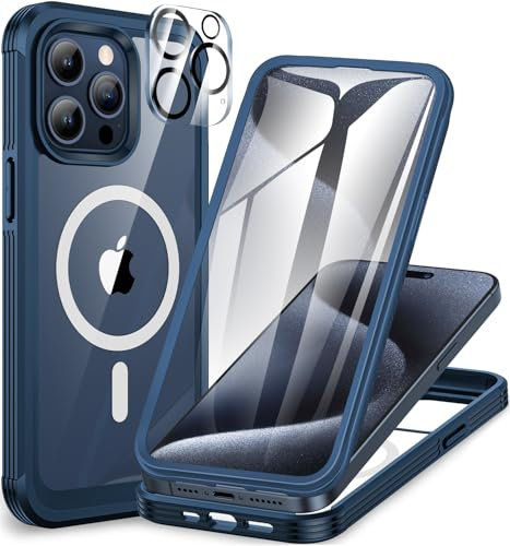 CENHUFO Funda Magnética iPhone 15 Pro, Compatible con MagSafe, Integrado [9H HD] Cristal Templado Protector Pantalla y Protector cámara, 360 Grados Antigolpes Carcasa Militar Capa Doble Case -Azul