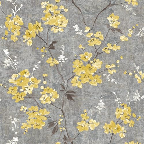 Grandeco Paul Moneypenny Ochre Anethe Blossom Trail Textured Charcoal Wallpaper