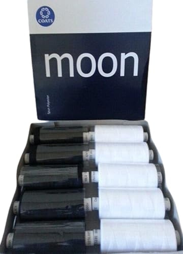 Filo da cucito in poliestere Moon nero e bianco 10 X 1000 m confezione da 120 strati di CoatsBox da 10 bobine - Moon fili per ogni uso per cucito, overlock, quilting, cuciture