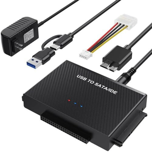 SATA IDE to USB 3.0 Hard Drive Adapter, Ultra Recovery Converter for Universal 2.5 3.5 IDE and SATA HDD SSD, USB to SATA/IDE One Touch Clone with 12V Power Adapter