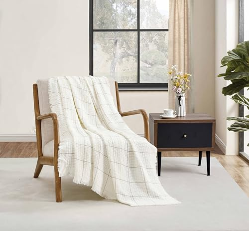 CREVENT Manta Decorativa Boho con diseño a Cuadros para el sofá, la Silla, la Cama o para Viajes, cálida, Ligera, Suave y cómoda, para Todas Las Estaciones, (127 x 152 cm, Color Crema)