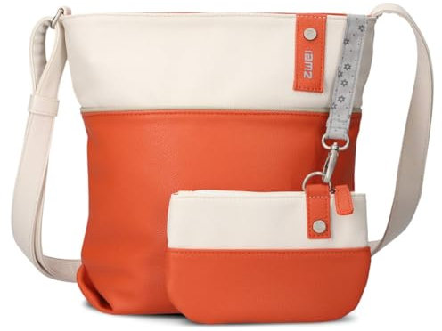 Zwei Damen Umhängetasche JANA J10 Crossbody Bag 5 Liter Handtasche im Canvas-Stil im Bicolor-Design + passender Kosmetikbeutel/Geldbeutel gratis (papaya)