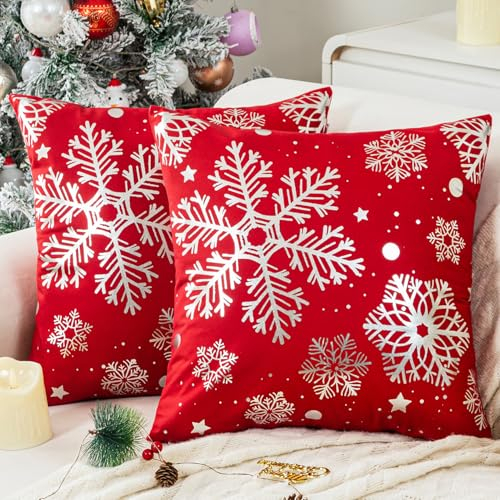 Jayusaror Weihnachtskissenbezug 50x50 Rot Silber Kissenbezug Weihnachten Schneeflocke Weihnachtskissen Kissenhülle Sofakissen Dekokissen Kissenbezüge Deko für Sofa Schlafzimmer Wohnzimmer 2er Set