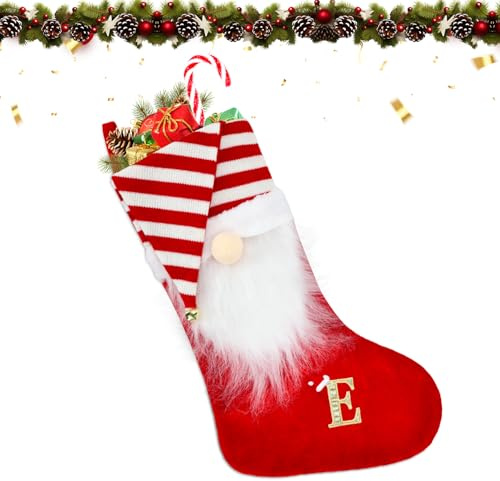 VReder Christmas Stockings, 22inch Personalised Monogram Xmas Stockings, Red Knitted Santa Hat Classic Stockings Stuffers for Xmas Gift Tree Decoration (E)