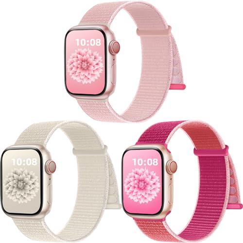 PIOWNN 3-pack nylonremmar kompatibla med Apple Watch, 41-49 mm, för kvinnor och män, kardborrebandsfäste, sportslinga, band för iWatch, SE, serie 1-9, Ultra 2, 1