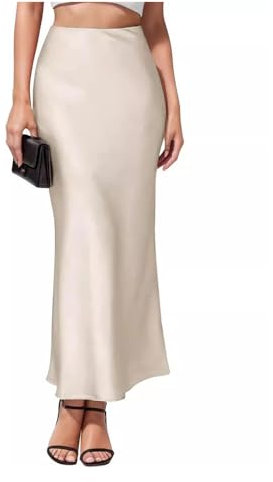 FFWTPY Rock Damen Länge Röck Elegant Leicht Hohe Taille Satin Freizeitrock Fließende Rüschen Elegante Partyröcke Vielseitige für Cocktail (Beige/M)