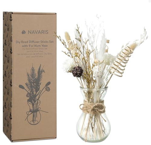 Navaris Profumatore Ambiente - Bastoncini Profumatori per Ambienti con Fiori Secchi - Vaso in Vetro Diffusore Profumo - Profumatore per la Casa e il Bagno - Idea Regalo