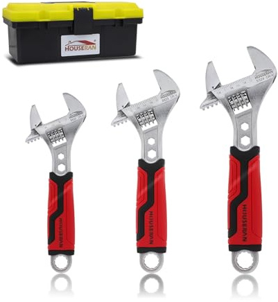 HOUSERAN Juego de llaves ajustables de 3 piezas, 160 mm, 210 mm, 260 mm, juego de llaves ajustables de mandíbula ancha con escalas métricas y SAE, llaves de acero Cr-V con caja de herramientas