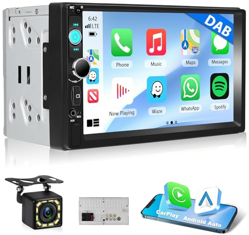 DAB Motorsi Wireless Carplay Android Auto 2Din Autoradio, 7 Pollici IPS Touchscreen Bluetooth Car Radio, Stereo Auto Support MirrorLink/FM/USB/AUX/EQ/Carica/SWC/7 Colore Backlight + Backup Telecamera