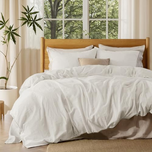 Lanqinglv Juego de ropa de cama de lino blanco de 155 x 220 cm, no necesita planchado, 85 % algodón y 15 % lino, con cremallera y 1 funda de almohada de 80 x 80 cm