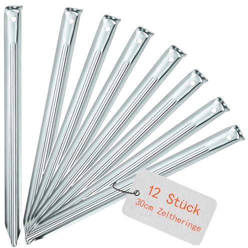 12 picchetti per tenda – 30 cm, picchetti, ancoraggio a terra con profilo a V e occhiello, picchetti in metallo, ideali per giardino, campeggio, pesca e scoperte