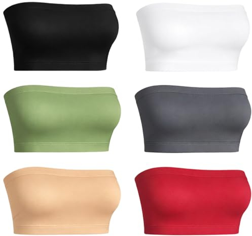 RenSton 6 PCS Tube Top Set, Bandeau Bra Strapless Bras for Women, Multi-Color Bandeau Tops for Beach Vacations Daily Casual Wear Yoga Exercise Layering, Black White Gray Green Red Nude Colors