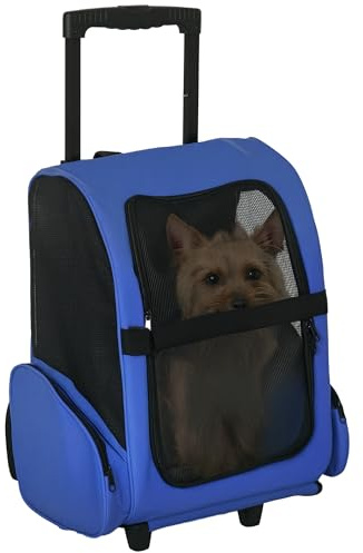 PawHut Trasportino Zaino 2 in 1 per Cani e Gatti con Tasche Laterali, Maniglia Telescopica e Ruote, 42x25x55cm, Azzurro