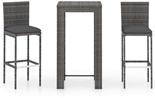 vidaXL Gartenbar Set 3-TLG. mit Kissen Theke Bar Tresen Gartentheke Bartisch Stehtisch Barhocker Barstuhl Gartenmöbel Poly Rattan Grau