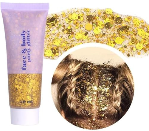 Beliky Girl Body Glitter Gel,50ML Face Glitter Body Gel Sequins Shimmer Liquid Eyeshadow,Mermaid Holographic Glitters,Chunky Glitter for Face Hair Nails,Christmas Festival Rave Accessories (Gold)
