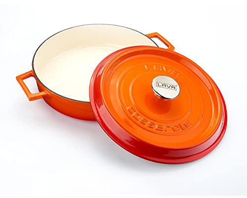LAVA 3.7 Quart Enameled Cast Iron Braiser: Multipurpose Stylish Orange Round Dutch Oven Pot with Glossy Sand-Colored Three Layers of Enamel Coated Interior and Trendy Lid