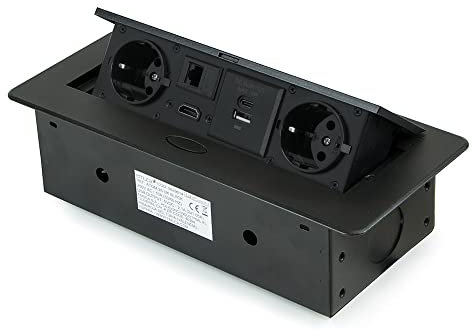 Emuca - ausziehbare und in den Tisch einlassbare Vielfachsteckerleiste, Mehrfachstecker (EU-Stecker Typ F, USB A+C, RJ45 und HDMI), 265x120 mm, Schwarz