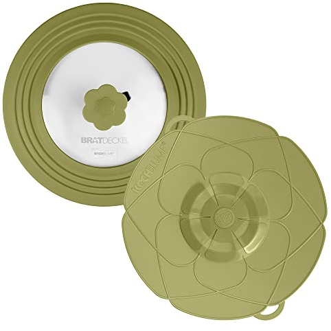 Kochblume & Bratdeckel Universaldeckel-Spar-Set | Kochblume L Ø 14-24 cm & Bratdeckel Ø 22-28cm | Spritzschutz | Premium-Silikon & BPA frei| Spülmaschinenfest | Hitzbeständig | Farbe: Olive