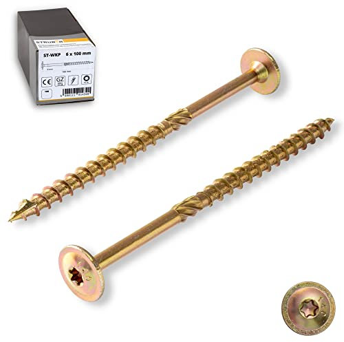 STRÜBER Tellerkopfschrauben mit Torx-Antrieb (8,0 x 200 mm / 50 Stück) Holzschrauben für Dachkonstruktionen - Konstruktionsschrauben Gelb verzinkt - Sparrenschrauben TX-Buchse - BIT TX-40 inklusive!