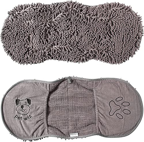 Pet Wiz Serviette en microfibre en forme de nouille/chenille, super absorbante, à séchage rapide, légère, avec compartiments pratiques pour les gants, 82 x 32 cm (Gris)