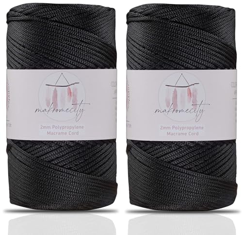 Makromecity makramégarn 2 mm x 230 m premium polyester makramérep polypropylen garn för hantverk heminredning platsplatta axelväska handväska löpare (svart, 2 trådar)