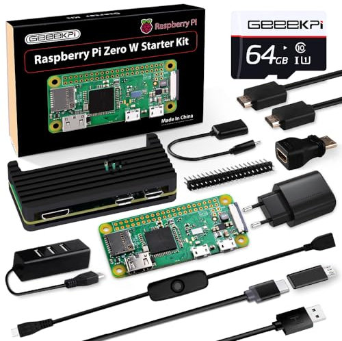 GeeekPi Starter Kit für Raspberry Pi Zero W, mit RPi Zero W Aluminum Gehäuse, 64GB SD Karte, Netzteil, 20Pin Header, Micro USB to OTG Adapter, HDMI Kabel, HDMI Adapter, Switch Kabel and 4 Port USB Hub