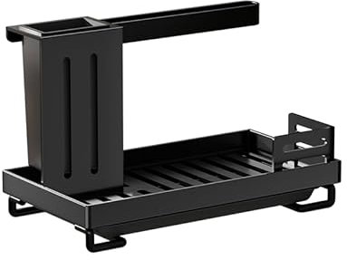 FlYHIGH Edelstahl Spülbecken Organizer - Utensilienkorb für Küche & Badezimmer - Mit Tropfschale und Bürstenhalter - Inklusive Seifenschale (Schwarz)