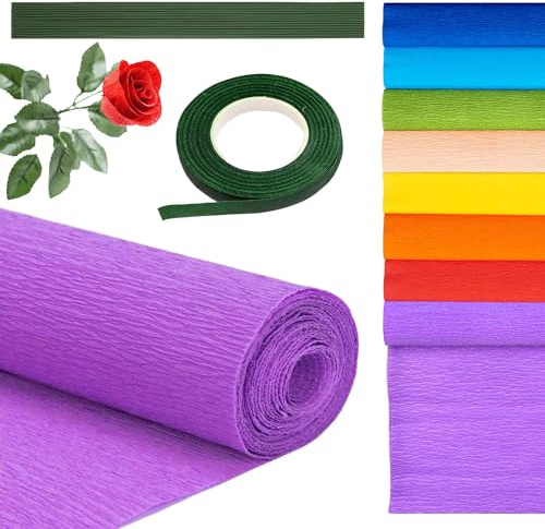 8 Colori Carta Crespa Colorata per Fiori 25x250cm con Nastro Verde e 20 Steli Filo Floreale
