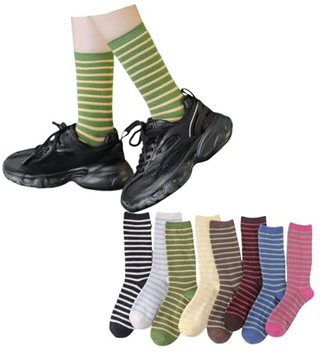 LONGSILVER Striped Socks High Ankle Women Cotton 8 Pairs Double-Needle Retro Style Cute Casual Crew Socks (Stripe_8Pcs)