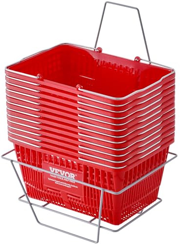 VEVOR Panier de courses, lot de 12, panier à provision en plastique durable de 21 L avec poignée et support en métal 425x305x218 mm, panier portable pour magasin de détail, supermarché, épicerie, noir