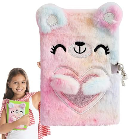 Bear Diary With Lock - Cute Notebook with Lock and Keys,Plush Notebook with 80 Pages, Secret Diary Notepad for School Home Writing and Drawing