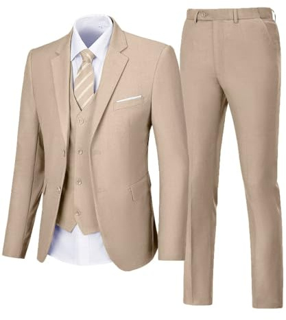 Men's Suit 3 Piece Wedding Suits 2 Buttons Slim Fit Tuxedo Set for Men Prom Casual Business Man Jacket Blazer Vest Pant, Champagne, 5XL