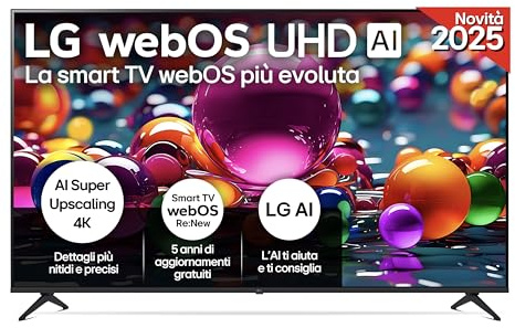 LG webOS UHD AI UA75 TV 75 pollici, Smart TV 4K Ultra HD, Processore α7 Gen8, webOS con AI, Filmmaker mode, HDR10, Gaming con VRR 4K@60Hz, Game Optimizer, Wi-Fi, 75UA75006LA 2025