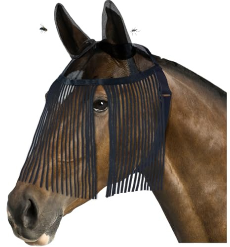 La La Pet Breathable Mesh Horse Fly Mask Protective Face Cover with Ears and Nose Fringe Super Comfort Protector Defender Soft on Skin Equestrian Supplies in Summer