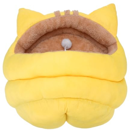Yinhing Cat Cave Halvsluten Varm Husdjurssäng Löstagbar Tecknad Djurhus för Höst och Vinter Mysig Gul Färg Mjuk Plysch Material Idealisk för Katter och små Hundar Ger Bekväma T (L)