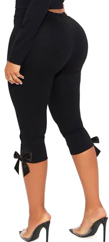 TZLDN Women High Waisted 3/4 Pants Cute Bow Cuff Stretch Bodycon Leggings