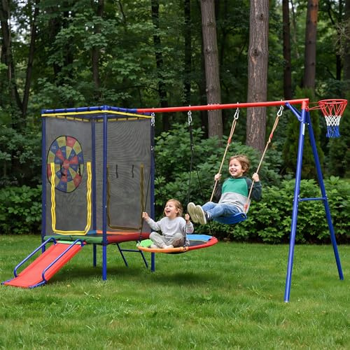 Ktipm Conjunto de Columpio Jardin Exterior 5 en 1, Columpio Infantil con Trampolín y Tobogán, Muebles Jardin Exterior con Canasta de Baloncesto, Garden Furniture, 336x217x198 cm, Colorido