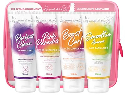 Les Secrets de Loly - Trousse de Voyage Cheveux Frisés - 4 Soins 100ml - Shampooing + Après-Shampooing + Gelée + Lait Capillaire - Format Cabine